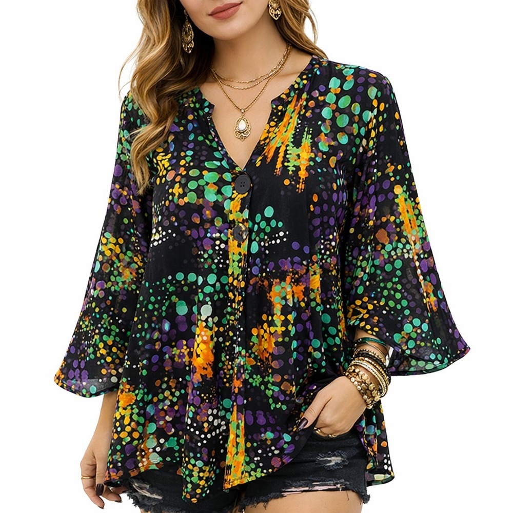 Lior Paris M Colorful‎ Abstract Dot Artsy Boutique Bell Sleeve Tunic Top - Picture 2 of 14